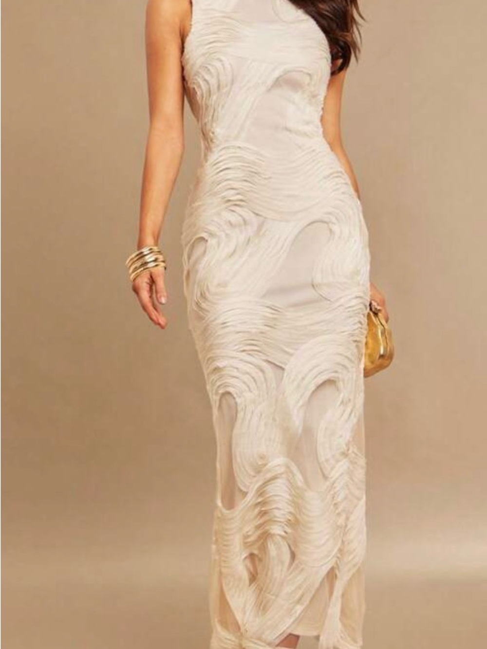 Elegant Ivory Textured Sleeveless Maxi Dress